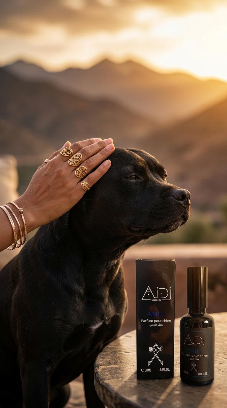 Un chien avec un parfum Aïdi dans un décor marocain